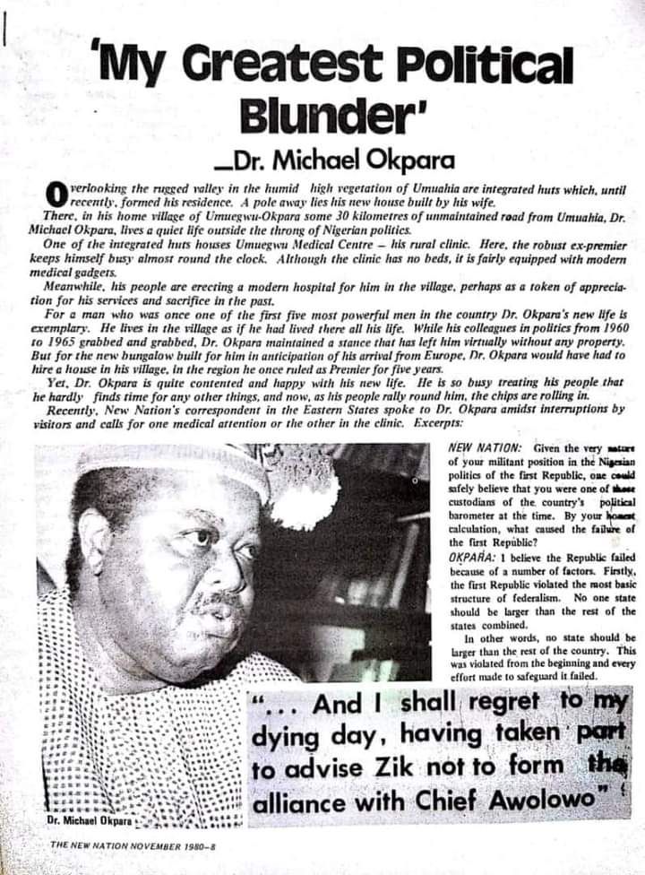 FLASHBACK: I Regret Advising Azikiwe Not To Join Forces With Awolowo – Former Eastern Premier, Michael Okpara Decries Nigeria’s Faulty Federalism